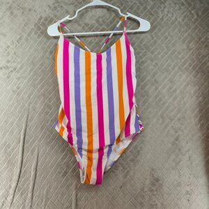 Salt Cove Womens XL Bathing Suit One Piece Colorful Striped Lace Up Sides
